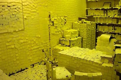 post-it note covered office