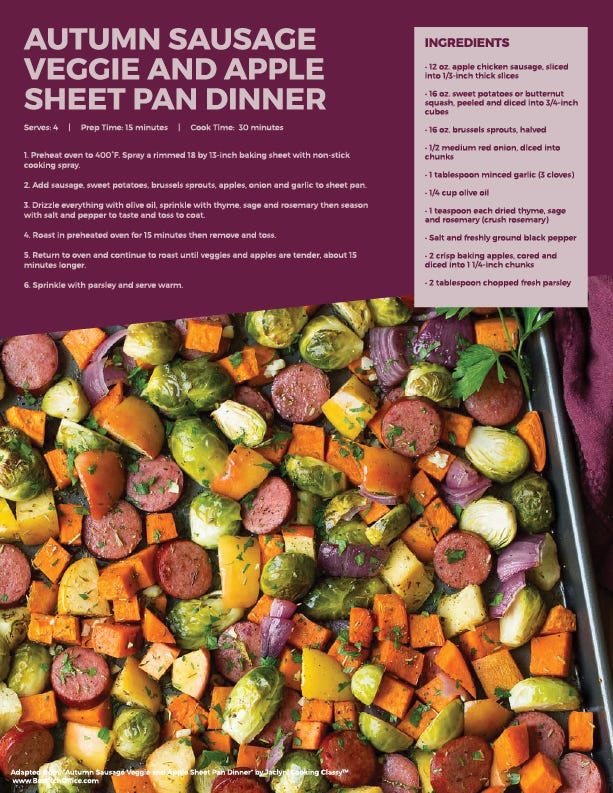 Autumn sausage, veggie, and apple pan sheet