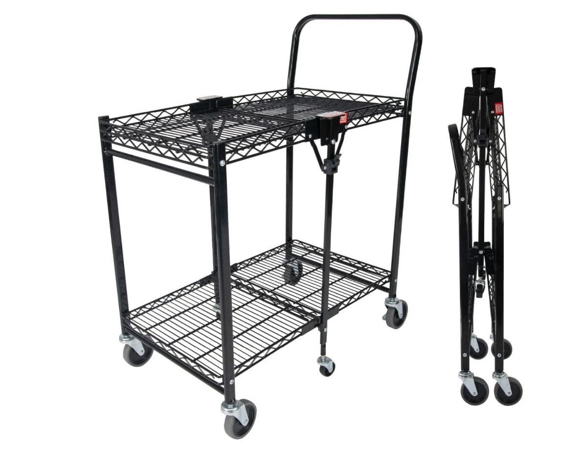 150lbs Capacity – Patent Pending – Pink EasyGo Product Deluxe Cart Folding Grocery Shopping and Laundry Utility Cart – Unique Double Level Cart Easy Folding Front Swivel Wheels 